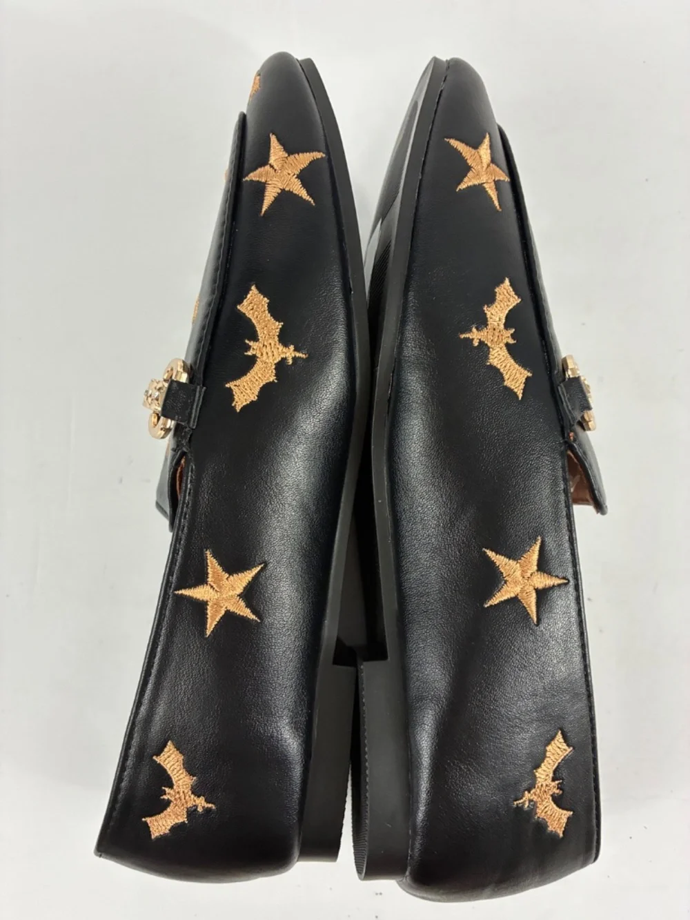 Bat Star Embroidered Loafers Black Horsebit Flat Slip On Shoes Smooth Leather